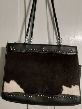 Cow Print Satchel Top Handle Bag Studded Double Handles Snap Zip Pockets